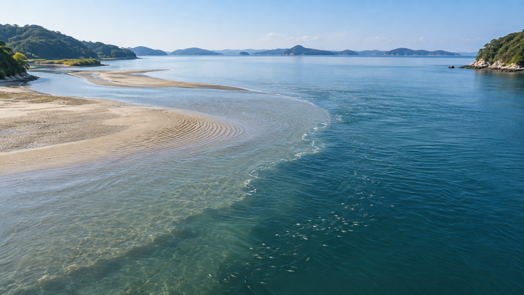 河口の砂州と流れの境目を示す生成イメージ