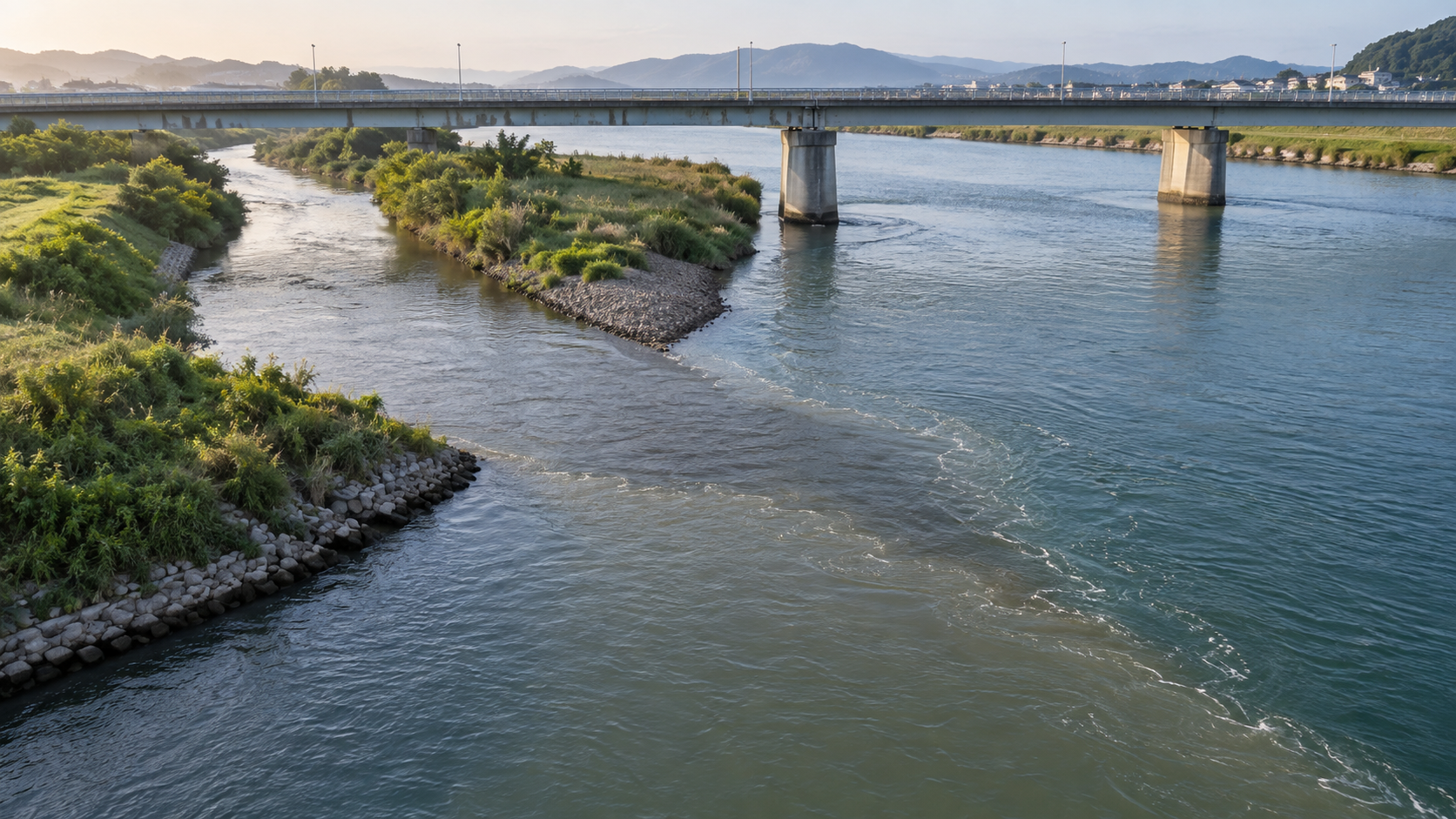 支流の合流と橋脚後方の緩い流れを示す河川の生成イメージ