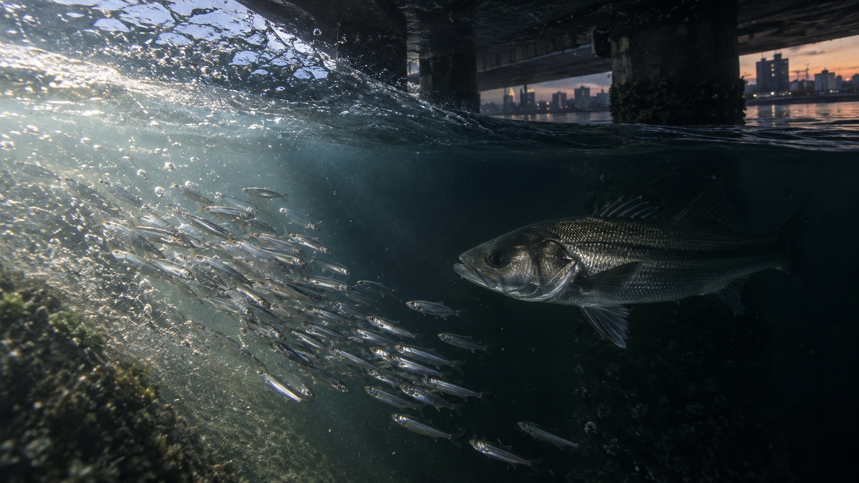 橋脚下で小魚を待ち伏せするシーバス