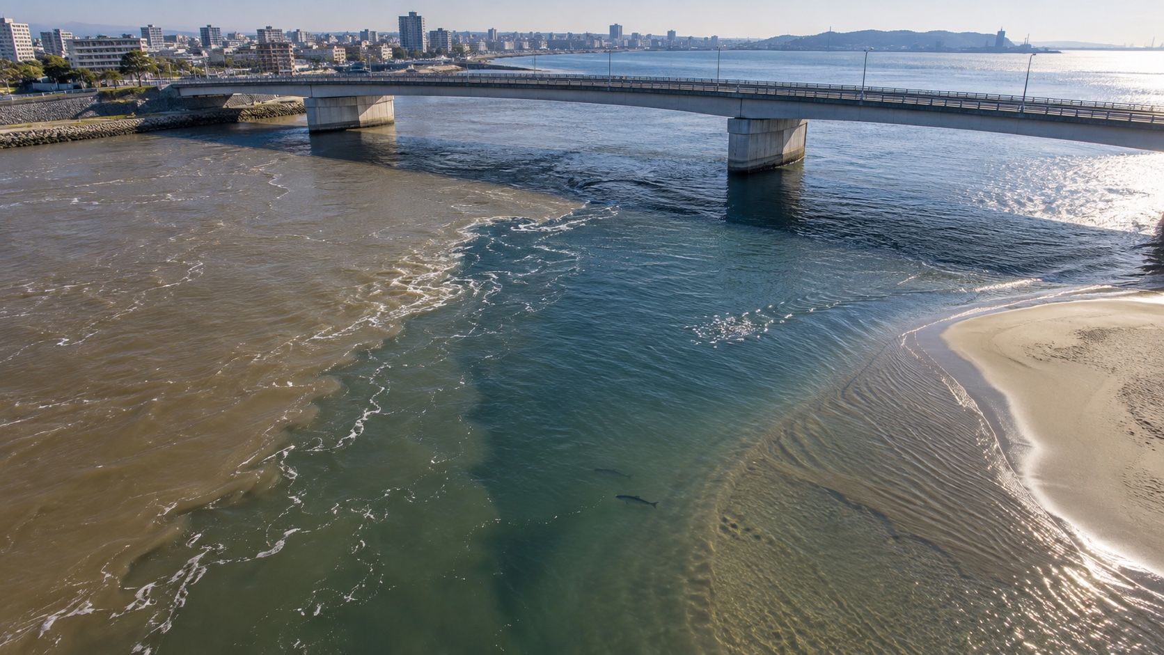 濁り境と流れが重なる河口